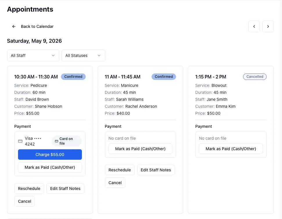 Appointment cards showing payment status and action buttons