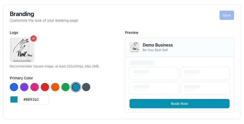 Branding settings with logo upload and color picker