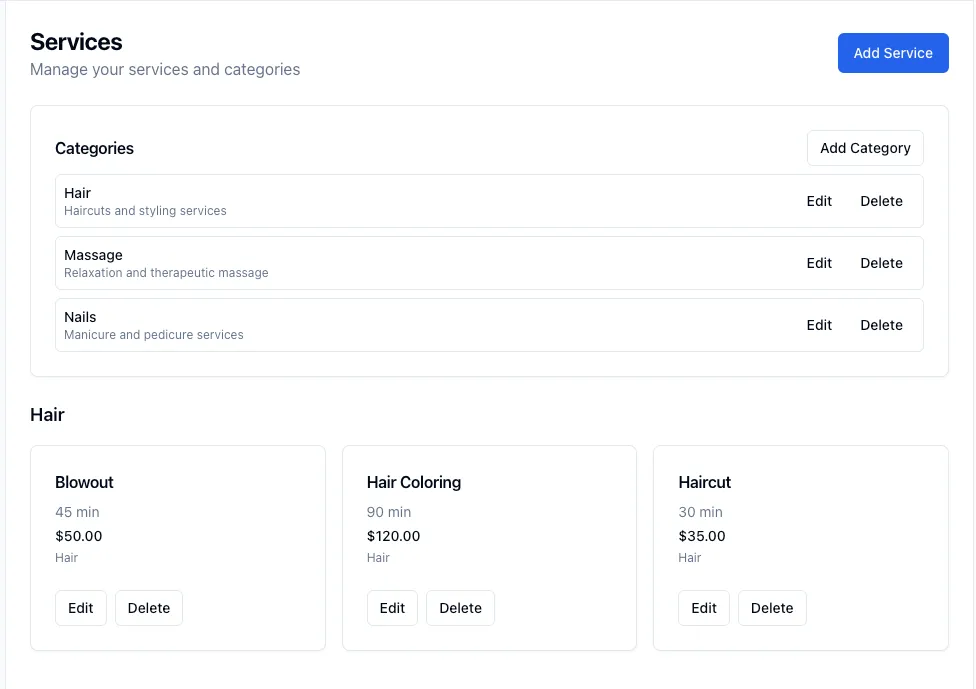 Services page showing service cards with pricing and duration