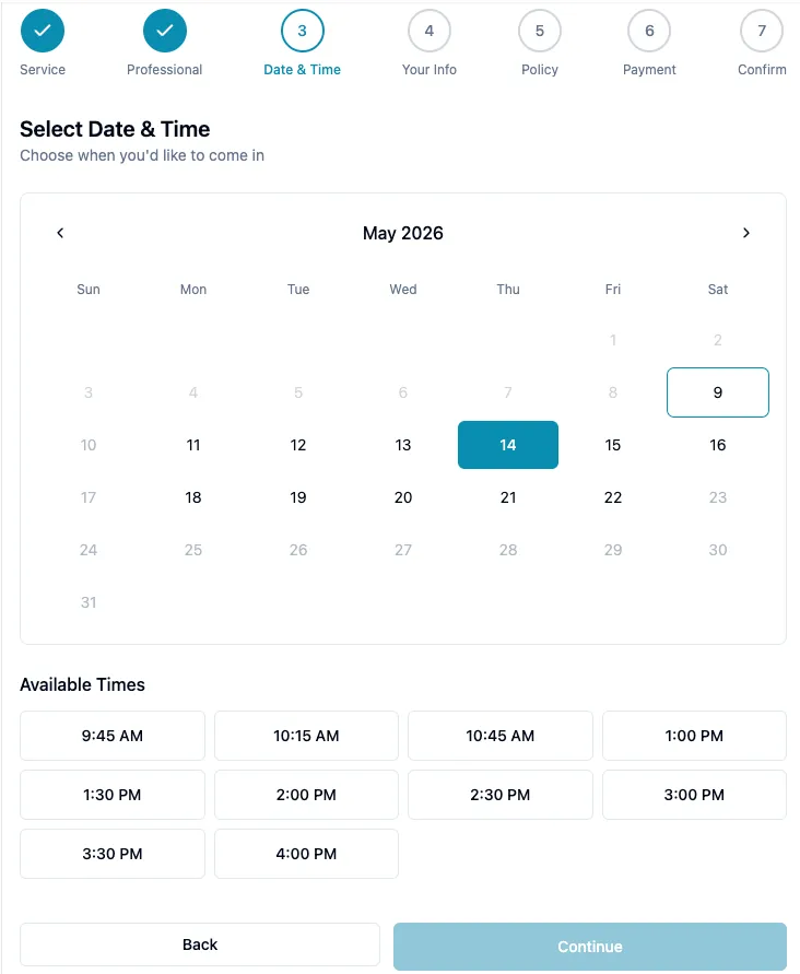 Booking calendar with date selection and available time slots