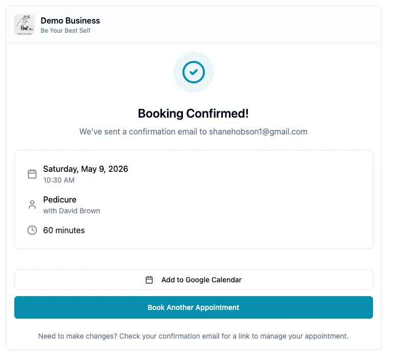 Booking confirmation screen with Add to Google Calendar button